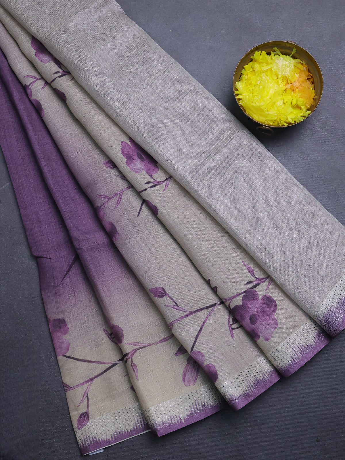 Art Linen Floral Printed Silver Zari Cotton Saree - Purple and Beige